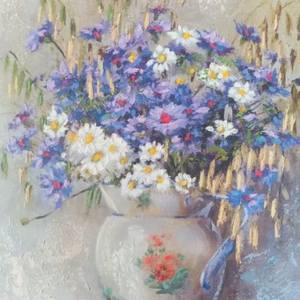 Violets and daisies acrylic print painting on canvas