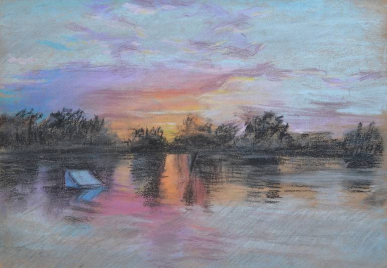 Sunset and lake Drawing by Natalia Bokova | Saatchi Art