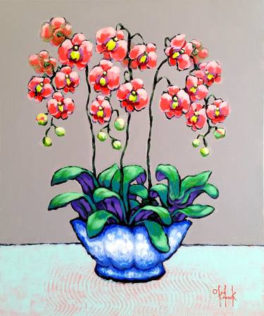 Coral Orchids in Blue-White Pot thumb