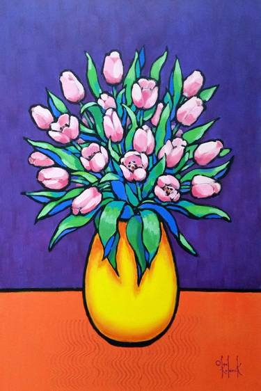 Pink Tulips in Yellow Vase thumb