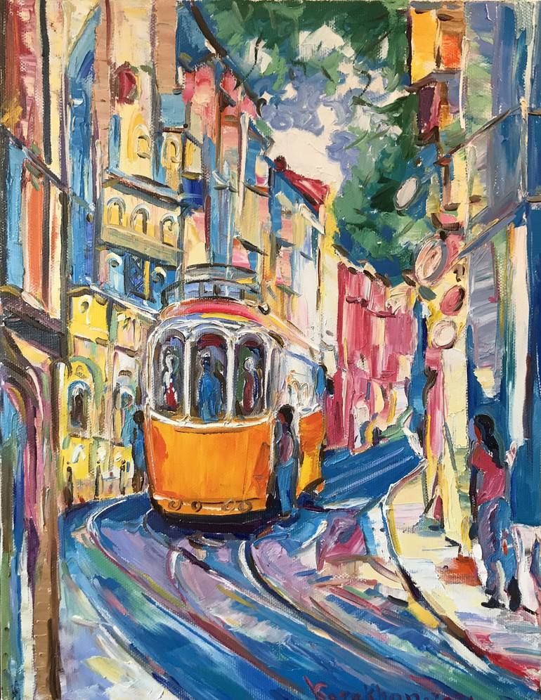 LISBON - landscape art, original oil painting, Lisboa tram ...