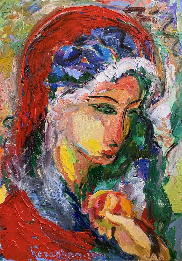 GIRL WITH APPLE IN A RED SCARF female portrait, face, original oil ...