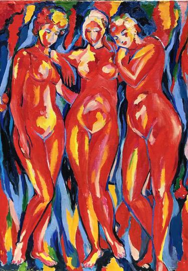 THREE GRACES - Abstract nude art , XL large wall sized, original painting, bathers theme, red, bedroom interior thumb