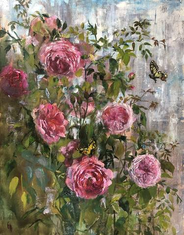June Roses, Flowers Oil Painting on Summer Day, English Roses with Butterflies, London Hampstead thumb