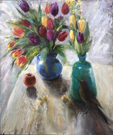 Spring Tulips, Spring Flowers and Birds, Airy Still Life thumb