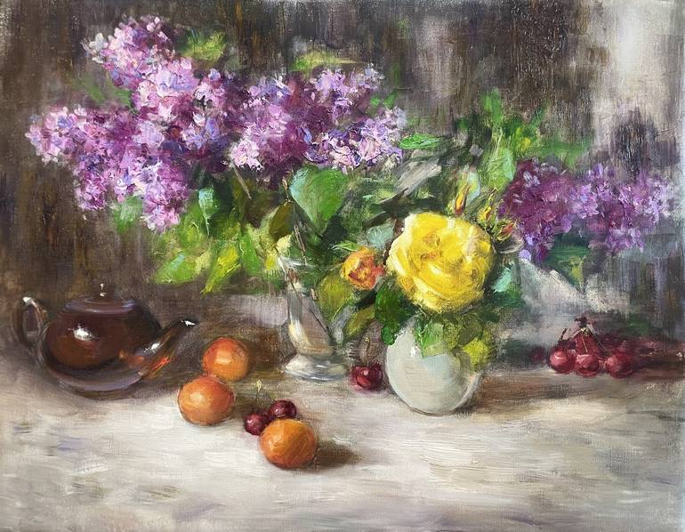 Early 20th Century Oil Painting Flower Still Life with Lilac