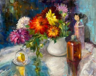 Sayonara Doll, Evening Still Life with Autumn Dahlias and Whisky thumb