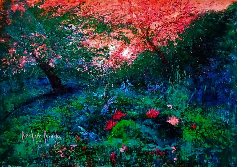 Original Landscape Painting by Andres Rueda | Abstract Expressionism Art on Canvas | DRAGOFLIES ENJOYING OVER THE LOTUS AND THE SUNSET