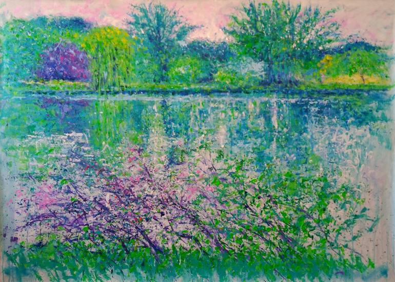 Original Landscape Painting by Andres Rueda | Abstract Expressionism Art on Canvas | SPRING IN THE LAKE
