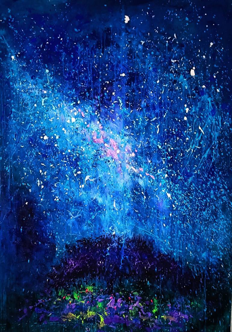 Original Landscape Painting by Andres Rueda | Abstract Expressionism Art on Canvas | NIGHT AMONG THE FLOWERS