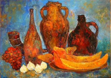 Still life with a red jug and melon thumb