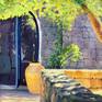 Italian courtyard affectionately lit by the sun.Play of light and shadow. Leaf transparency. A gentle whiff of wind. Ripe lemon fruit. This is a blessing..
Acrylic on canvas. 2017