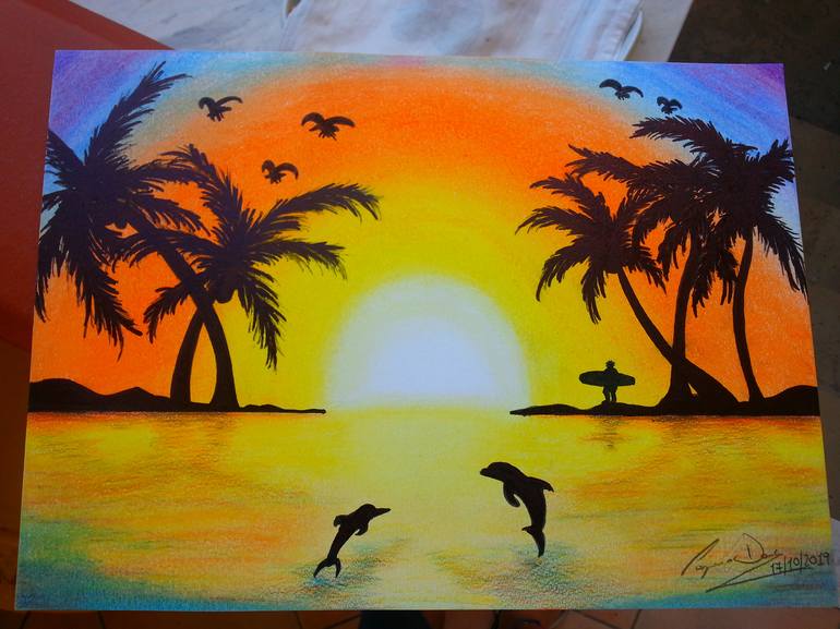 Beach Sunset Drawing Color Pencil