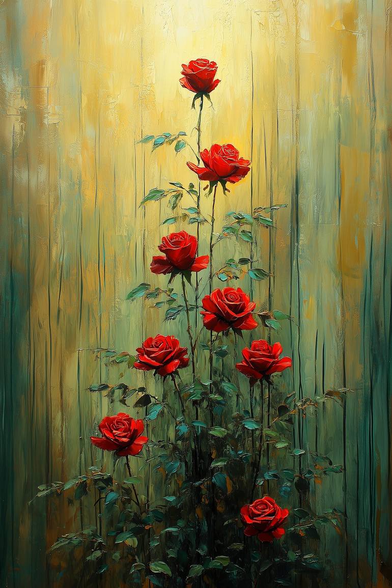 Holic Roses The Ascension of Roses – Digital Painting of Red Roses on Gold Digital ...