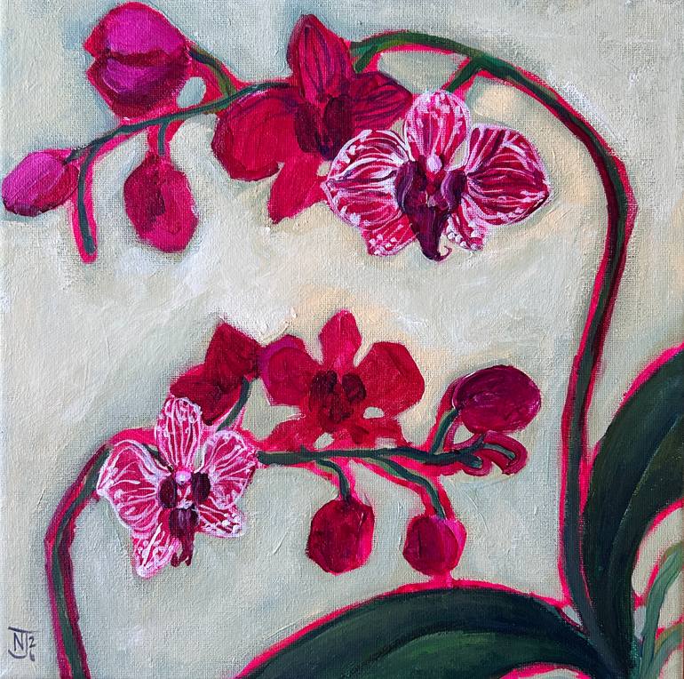 Original Floral Painting by Nina Jayasinghe | Abstract Expressionism Art on Canvas | Orchid study. On light green