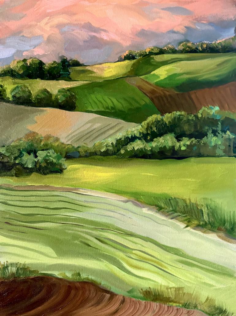Original Landscape Painting by Julia Eisen-lester | Contemporary Art on Canvas | "Sunset Over the Hill"