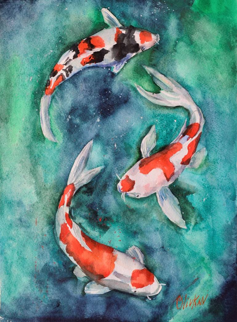 Koi Fish Watercolor Original Wall Art Painting by Olivia Kandra