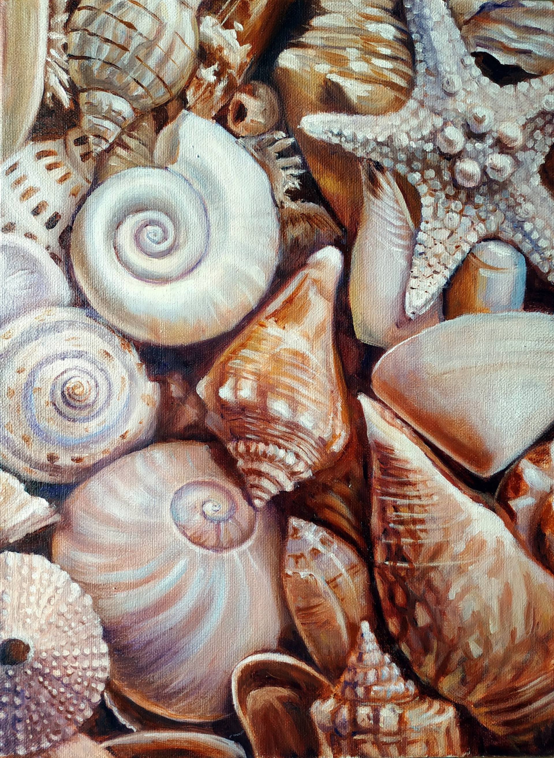 Seashells, still life painting Painting by Mary Grinkevich