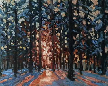 Evening in the winter forest, landscape painting thumb