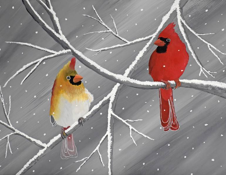 Blue jay and cardinal in snow storm.