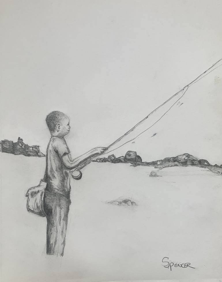 Boy's First Fly Rod Drawing by Allen Spencer