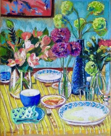 Still-life with flowers and yellow tablecloth thumb