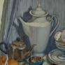 The painting is painted on canvas with oil paints. Still life with sweets and teapots