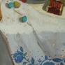 The painting is painted on canvas with oil paints. Still life with sweets and teapots