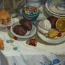 The painting is painted on canvas with oil paints. Still life with sweets and teapots