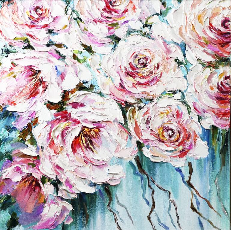 Abstract roses - white modern flowers, textured floral art Painting by ...