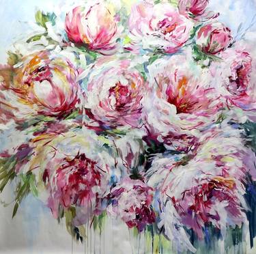 Modern white pink peonies - abstract peonies painting, large interior peonies artinterior thumb