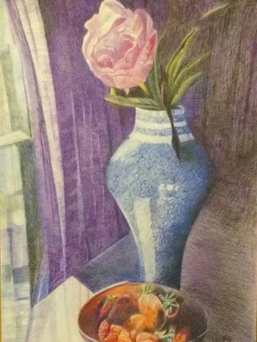 Still life with a rose in a charming blue vase and with fruits thumb