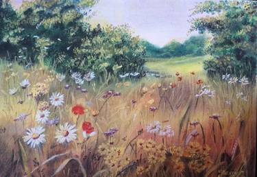 Landscape with wildflowers and forest on the horizon thumb