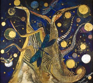 Magical Dragonflies and a Tree - Art Nouveau, golden, glittering abstract paiting - Klimt inspired thumb