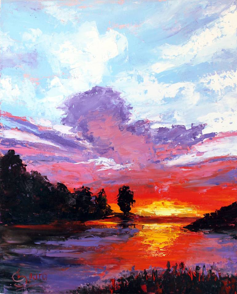 Orange sunset in the sky Painting by Elena Zlatomrezova | Saatchi Art