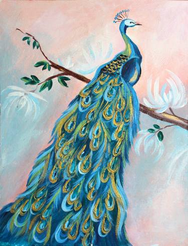 Gold and blue Peacock Hand Painted acrylic Painting thumb