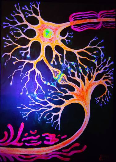 Synapses connecting neurons fluorescent painting thumb