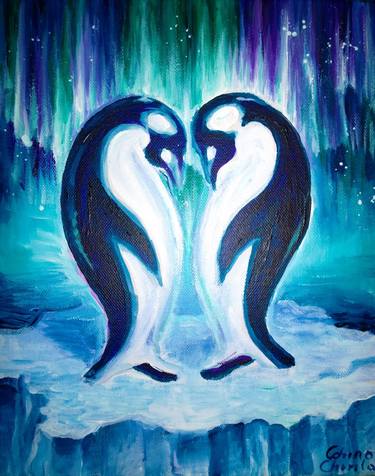 penguin love polar winter painting with aurora borealis thumb