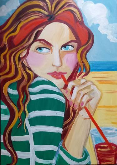 Original Portraiture Beach Paintings by zigou beni