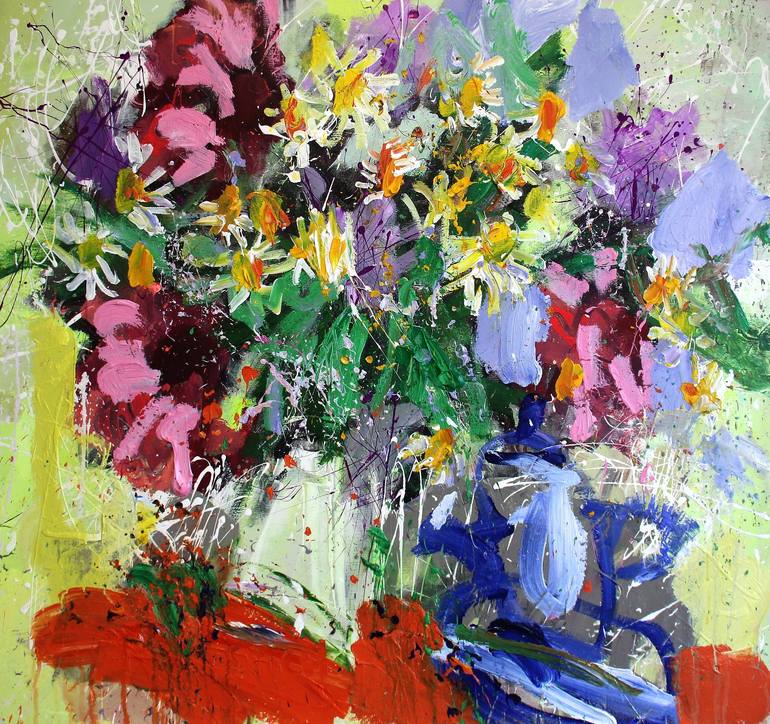 A bouquet of daisies and a blue teapot Painting by Iliya Spichenkov ...