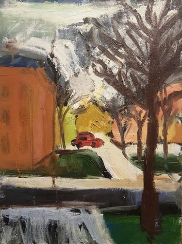 Landscape with a red car thumb