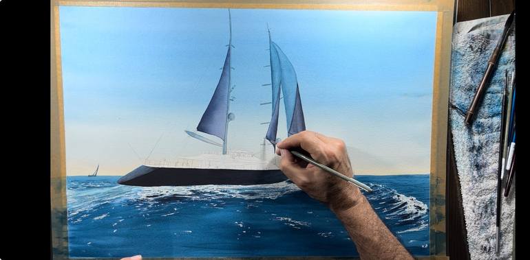 Original Photorealism Sailboat Painting by Erkin Yılmaz