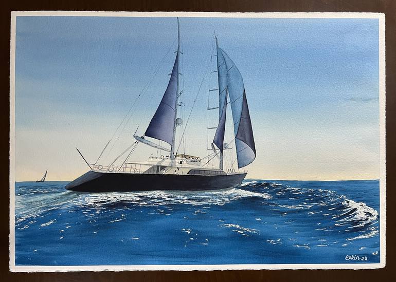 Original Photorealism Sailboat Painting by Erkin Yılmaz