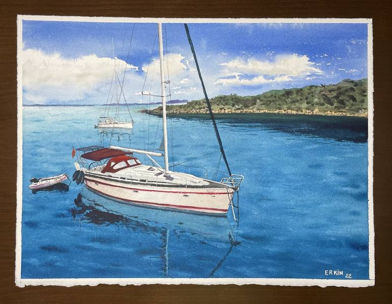 Original Impressionism Sailboat Painting by Erkin Yılmaz