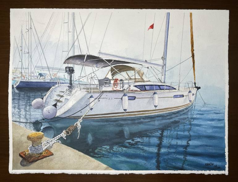 Original Impressionism Sailboat Painting by Erkin Yılmaz