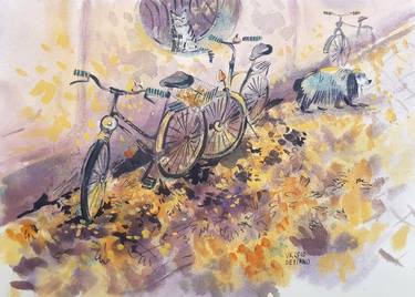 Original Figurative Bicycle Paintings by Varvara Kurakina