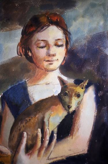A young girl with a dog thumb