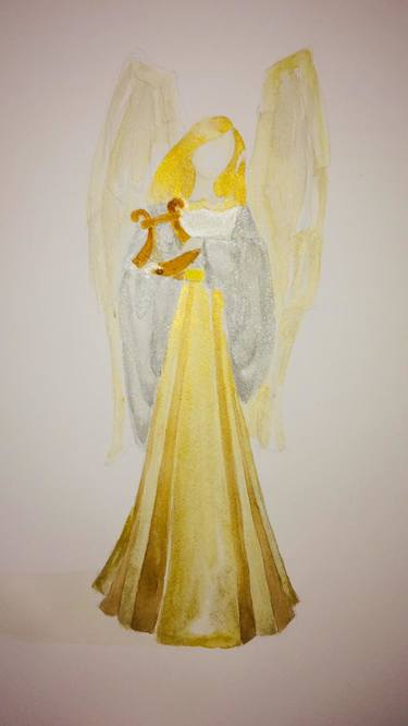 Angel In watercolor, Gold And Silver Angel Painting thumb