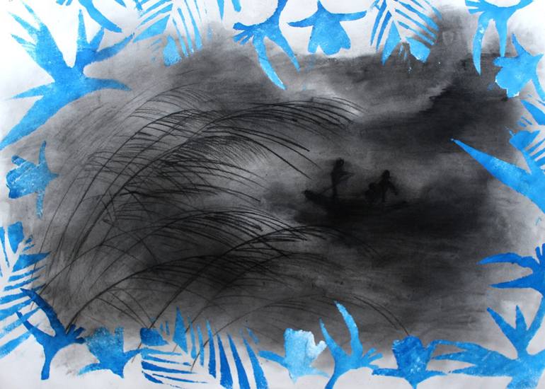 Original Landscape Drawing by Katerina Kokkinaki | Black & White Art on Paper | By the lake