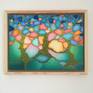 On picture we can see three wriggling bonsai trees whose branches form a multi-colored sky resembling stained glass